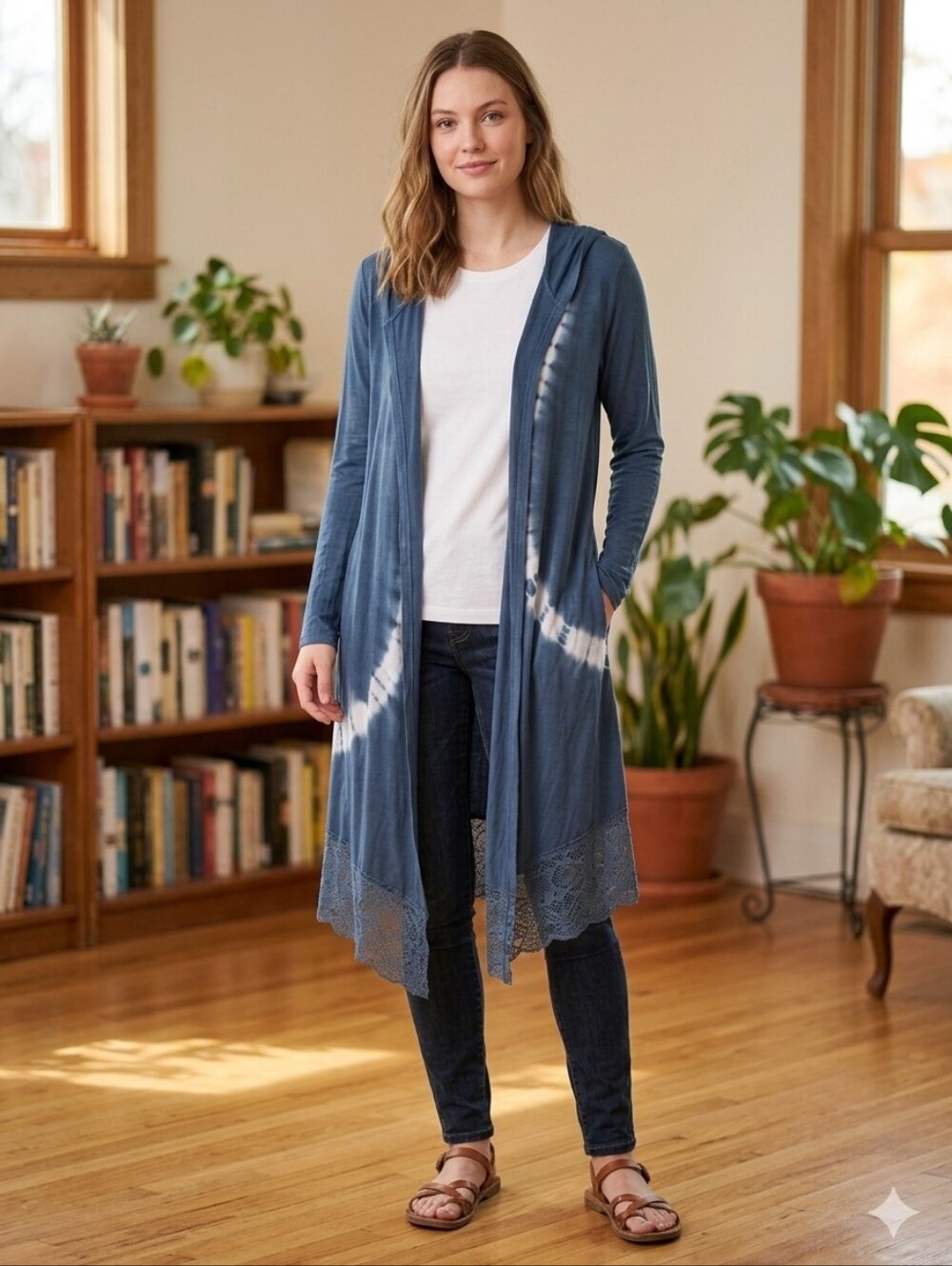 Blue Tie-Dye Lace Trim Open Hooded Cardigan